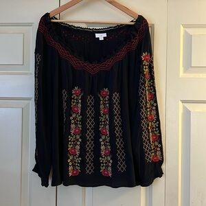J.Jill Black with embroidered embellishments boho tunic top made in India